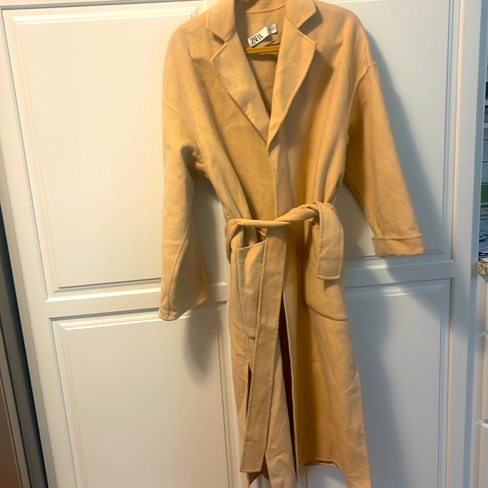 Zara light tan long belted warm coat wool &poly never worn